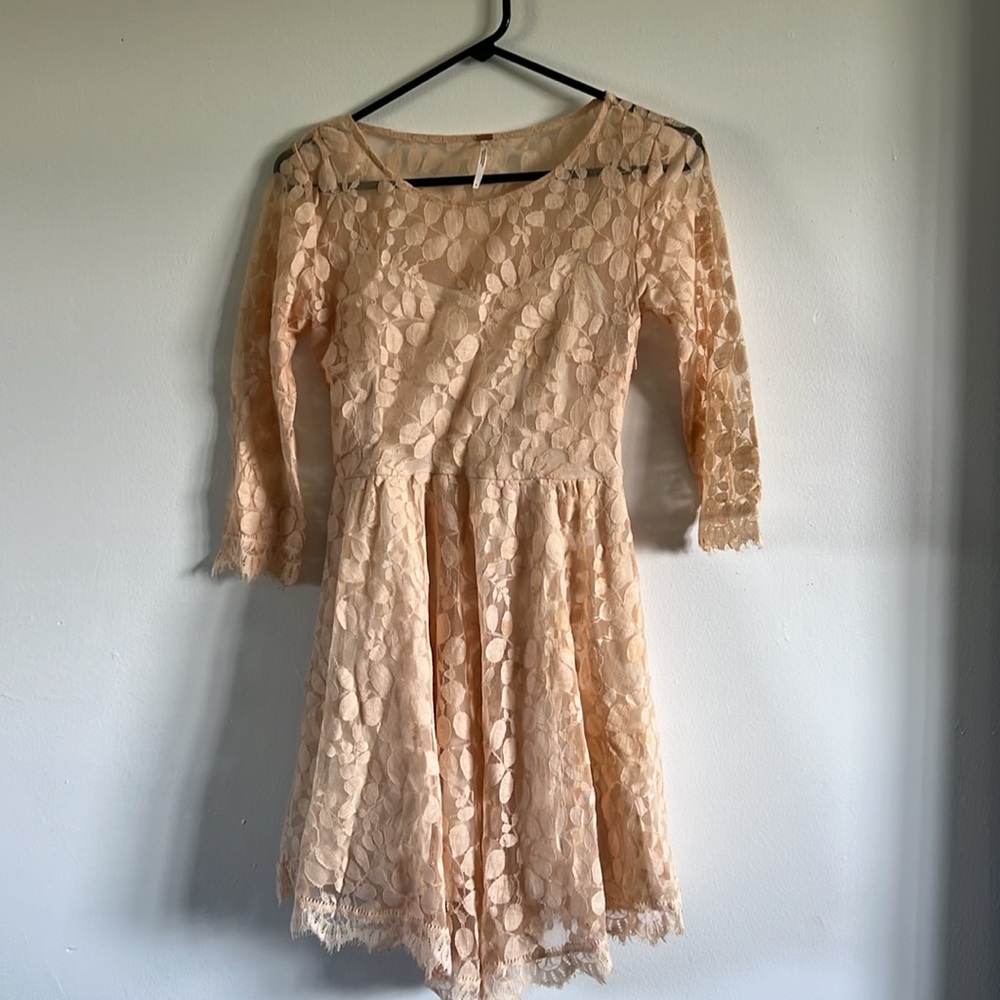 Free people cream lace skater cocktail dress with 3/4 length sleeves